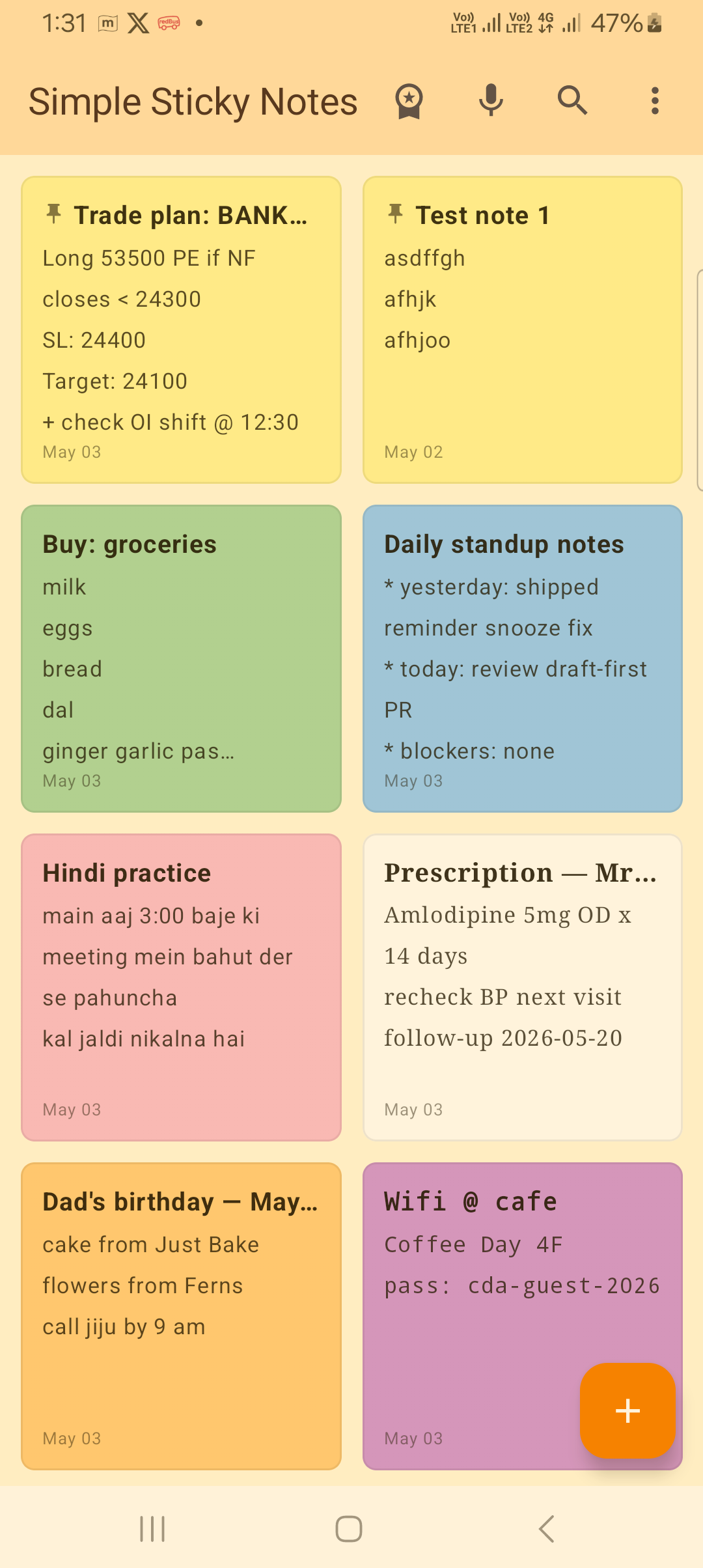 Home screen with colourful notes