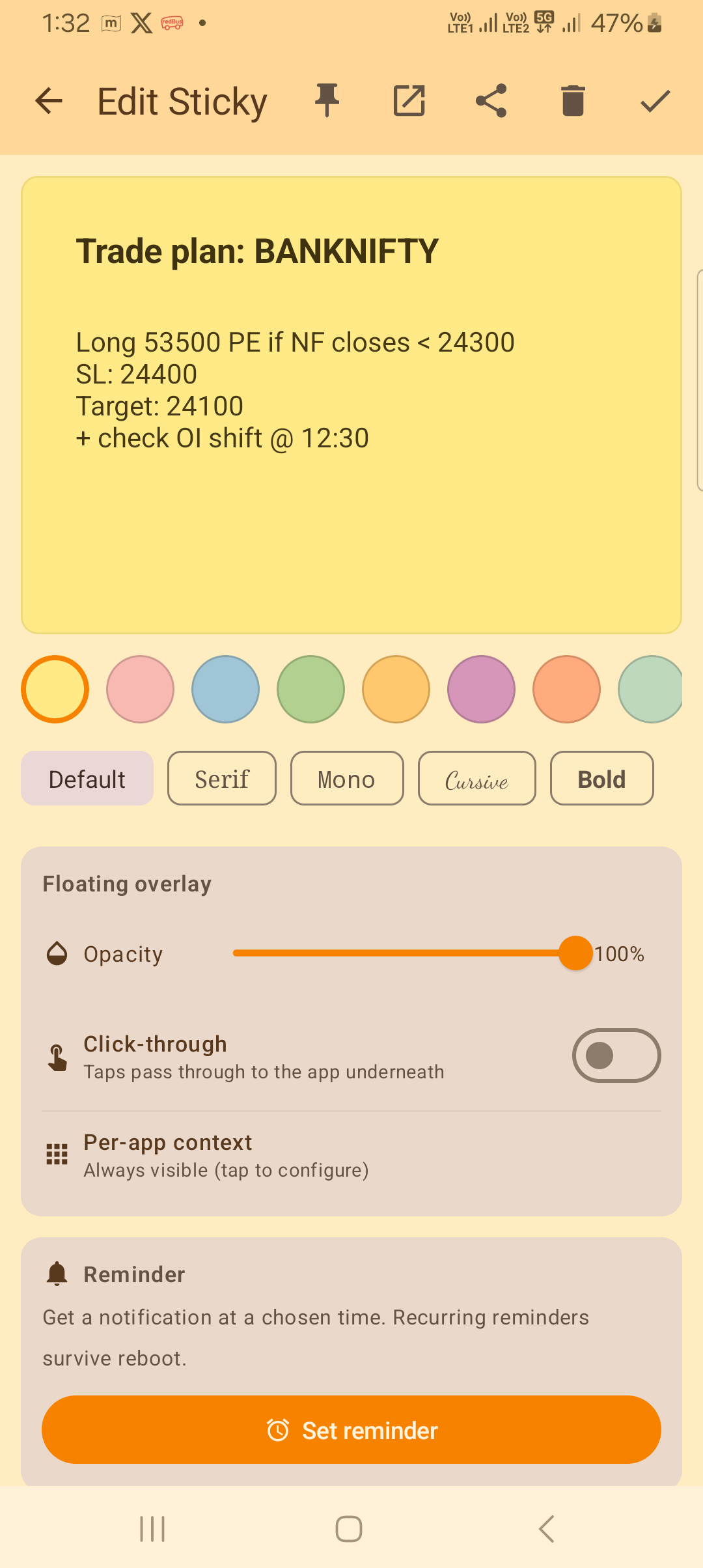 Note edit screen with all panels