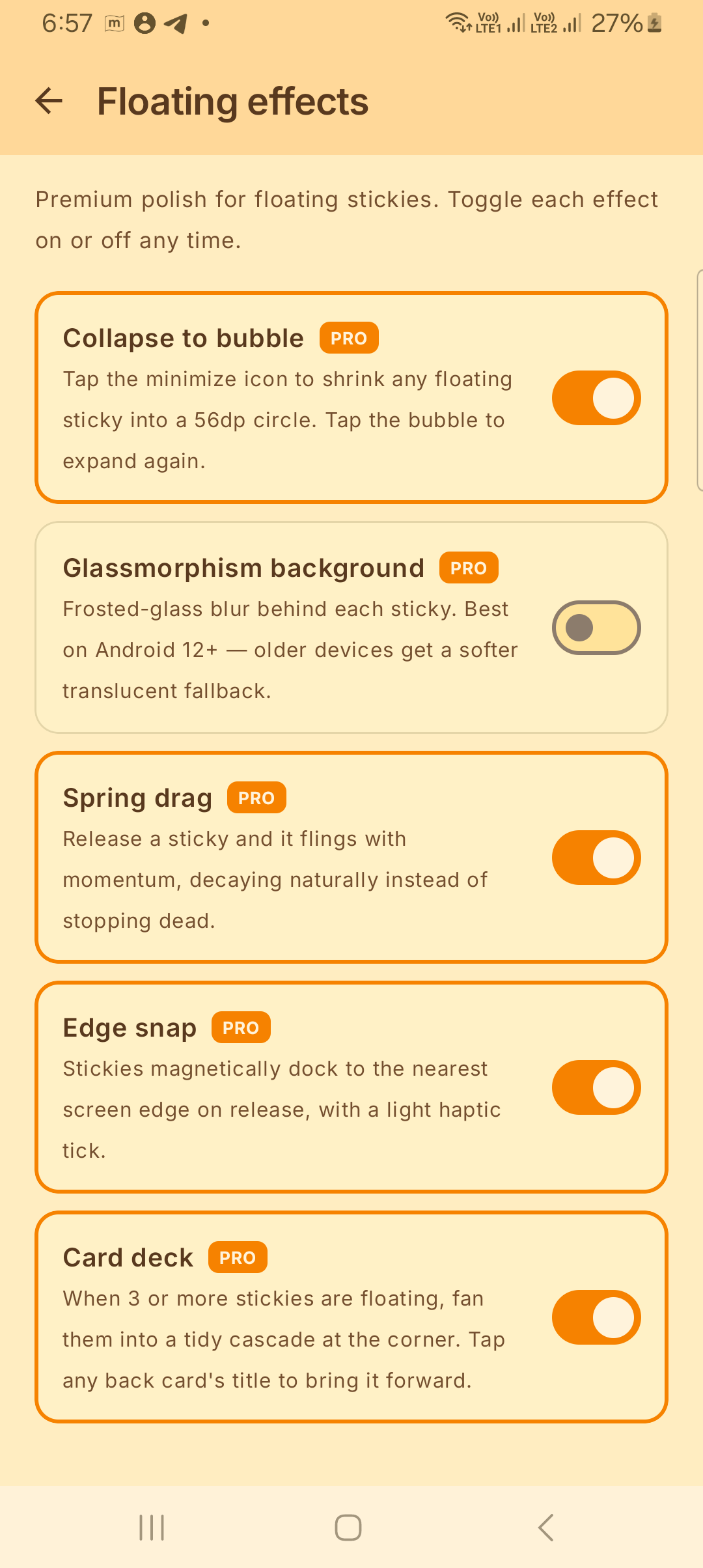 Five premium floating effect toggles