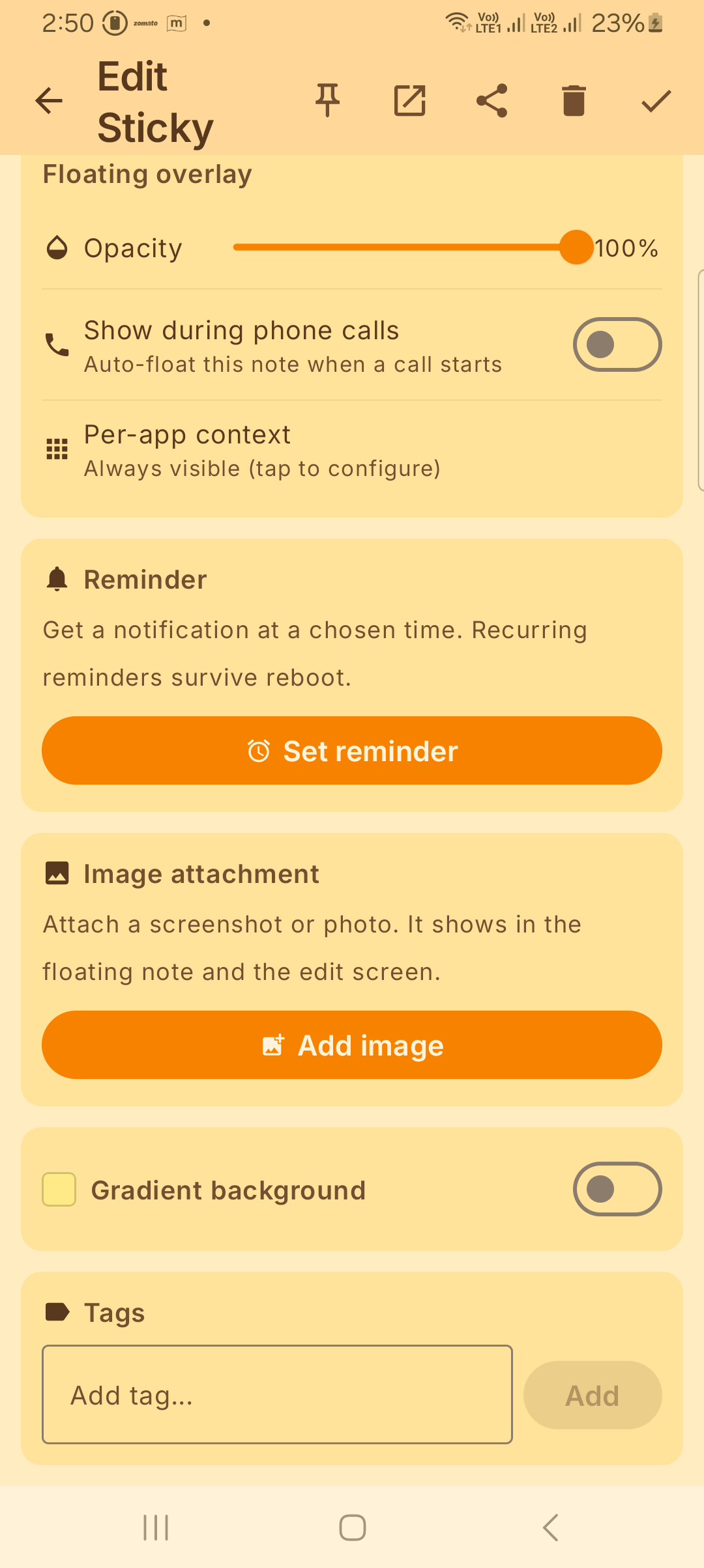 Per-note controls: opacity, call notes, reminder, image attachment