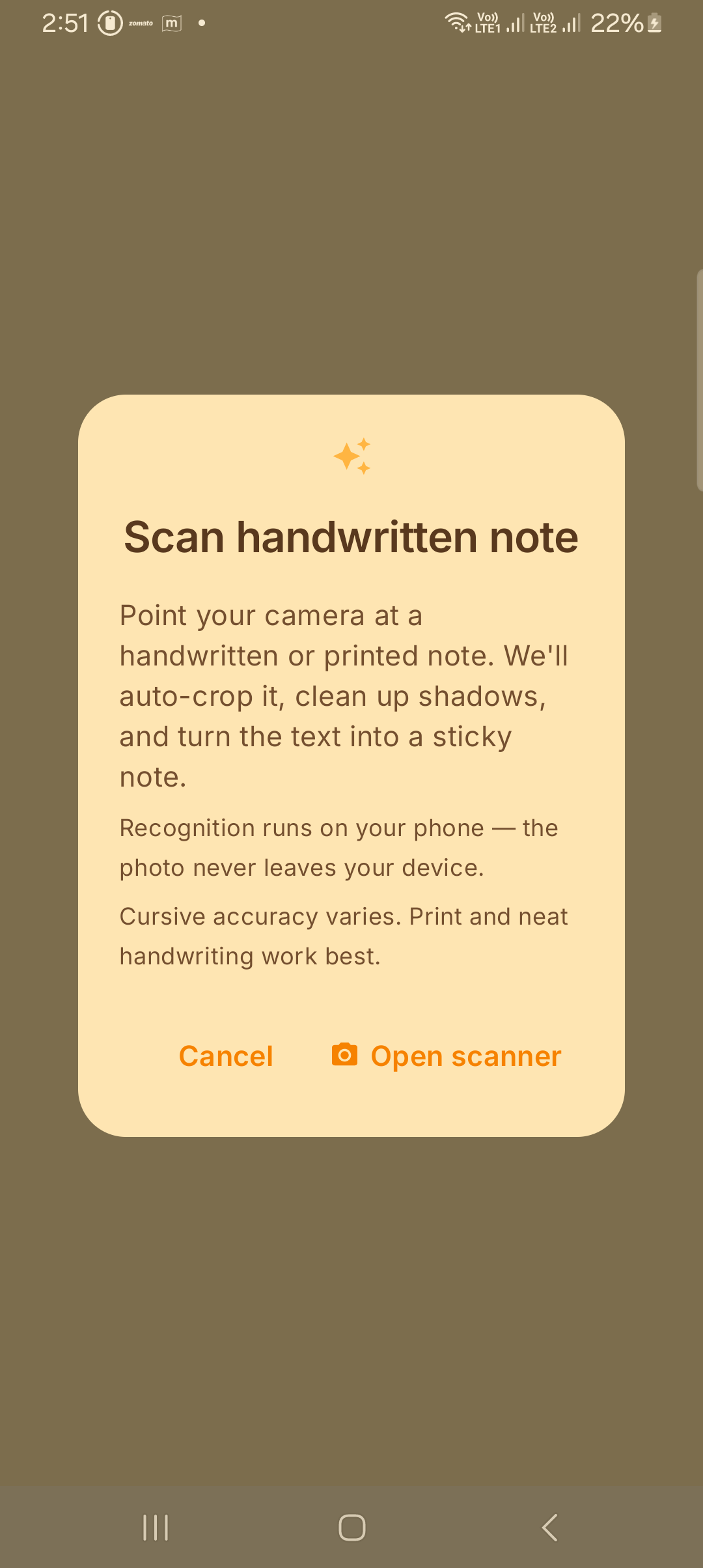 Scan handwritten note dialog