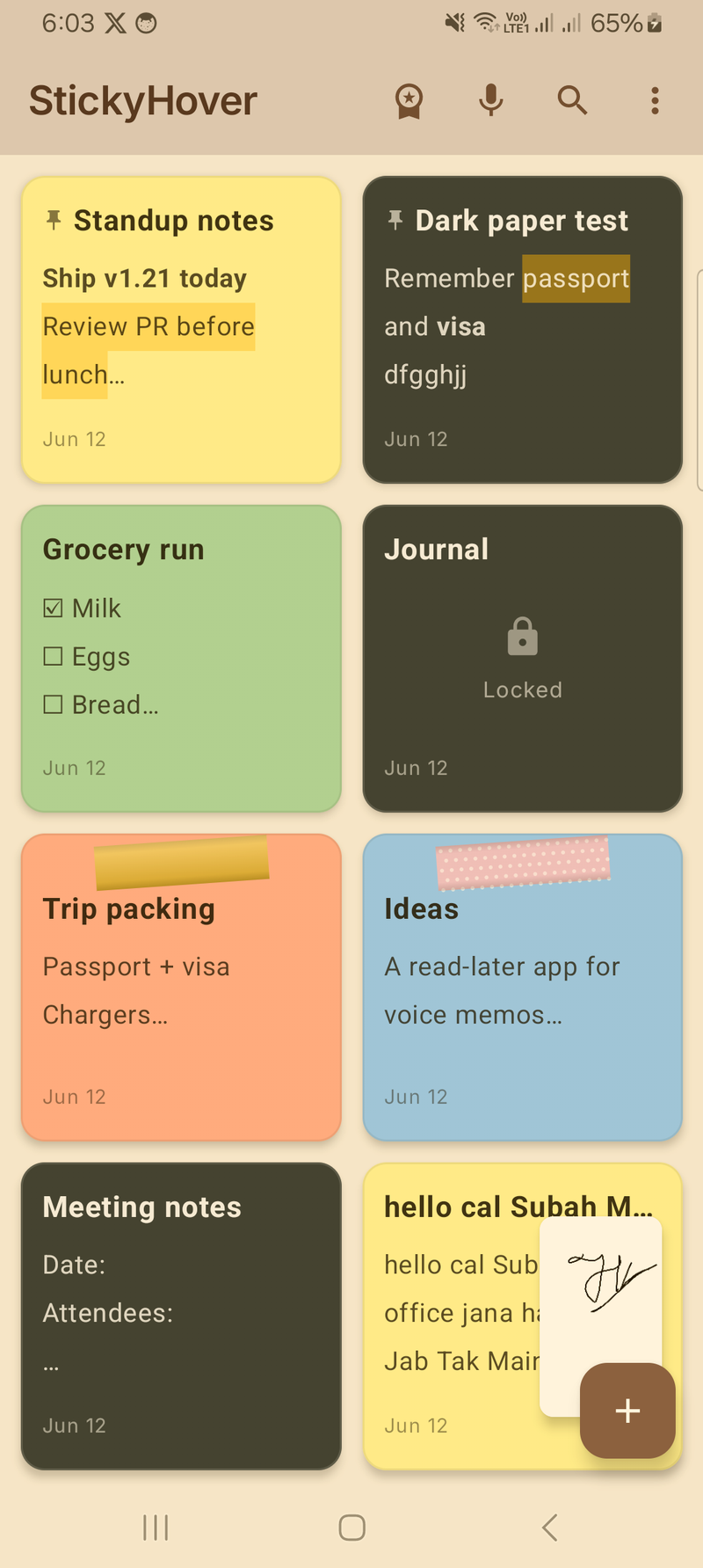 Notes grid with locked note, checklist and washi tape