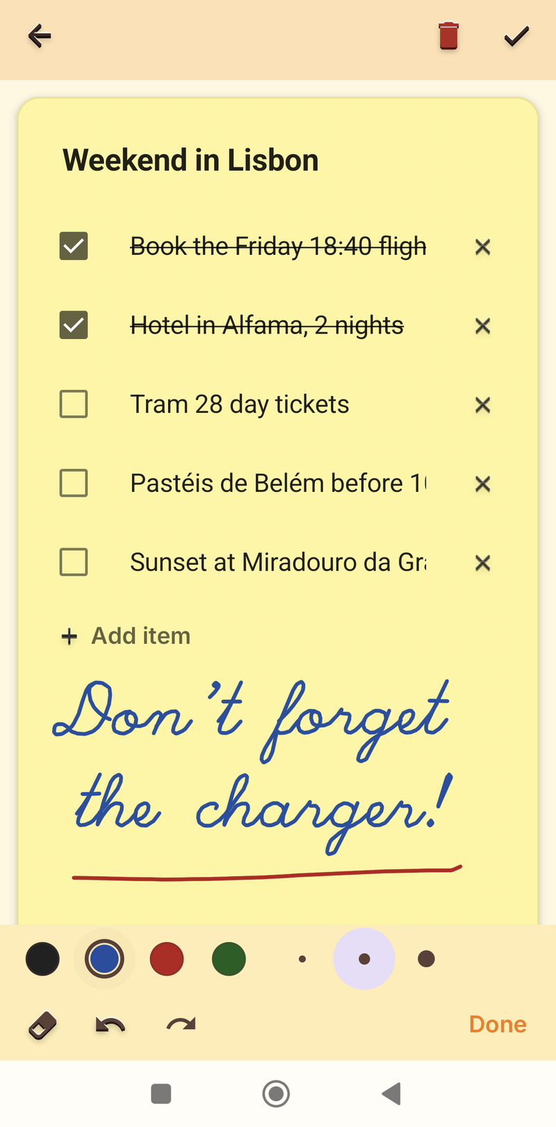 StickyHover editor in Write by hand mode: a checklist note with handwriting under it and the pen bar with four colours