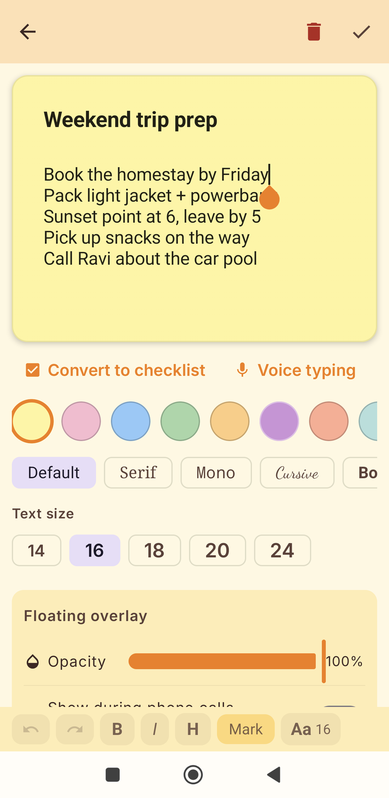 Note editor panel showing opacity slider, Show during phone calls toggle and per-app context