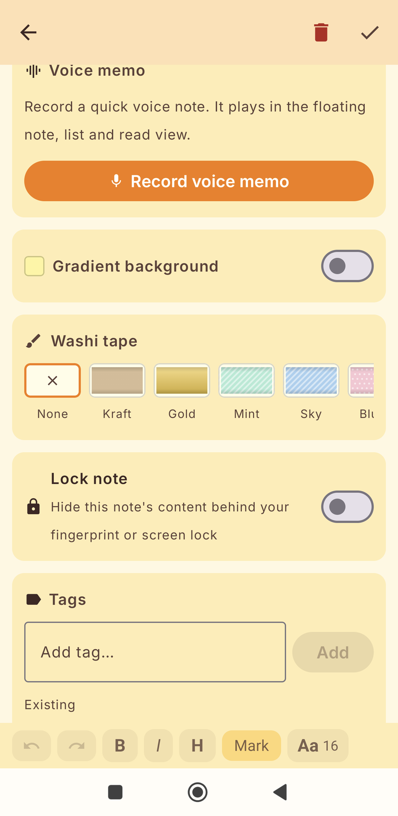 Voice memo, gradient, washi tape, lock and tags panels