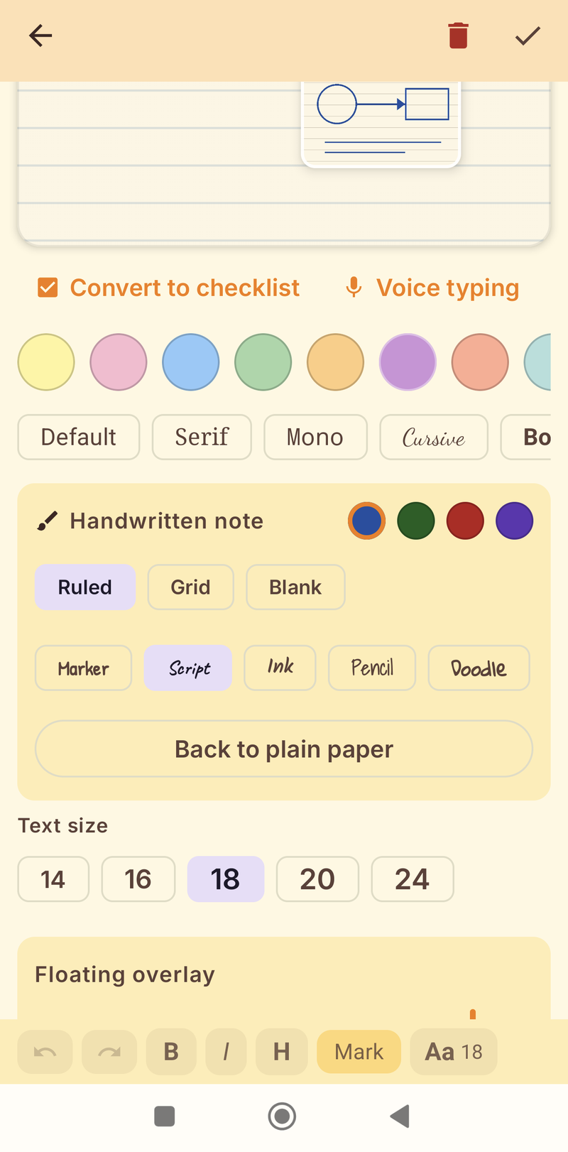 Editor panel titled Handwritten note with Ruled, Grid and Blank chips, four ink dots and five handwriting font chips