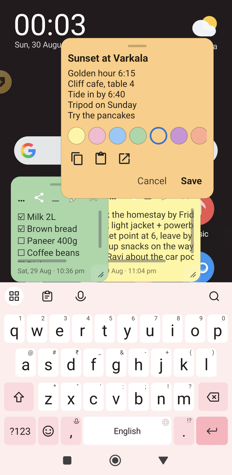 In-place editing of a floating note with colour swatches, copy, paste and open buttons, keyboard open