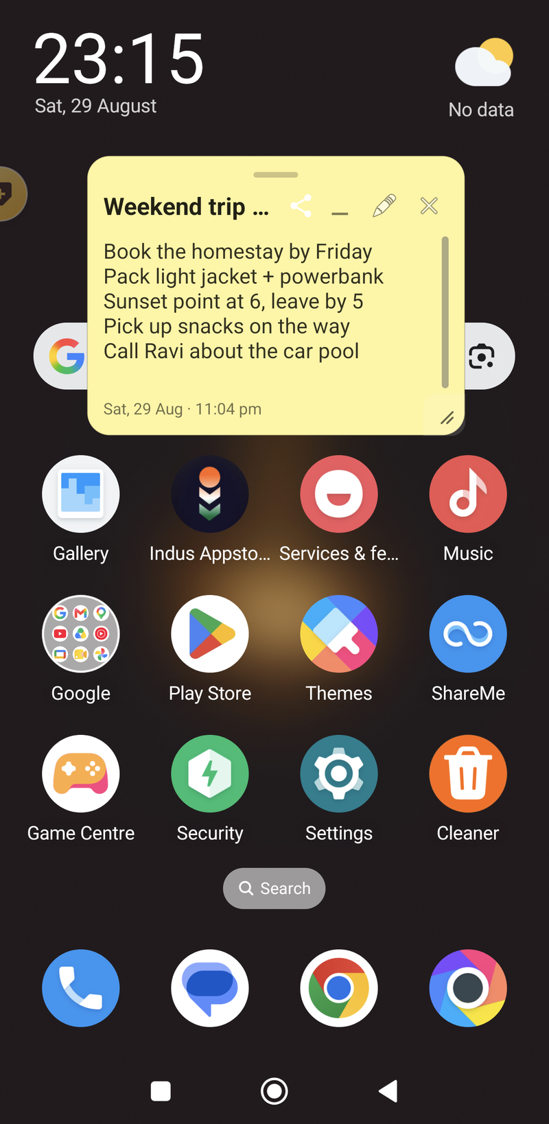 A yellow sticky note floating over the Android home screen, with a quick-add bubble at the left edge