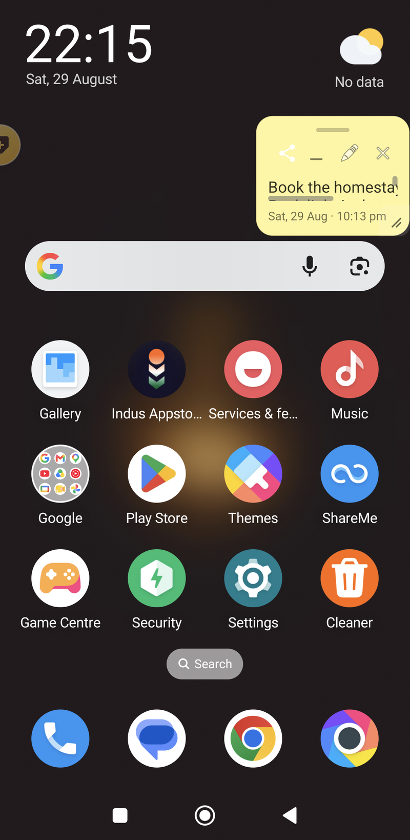 A floating note shrunk to a compact one-line strip with vertical and horizontal scrollbars, next to the home-screen search bar
