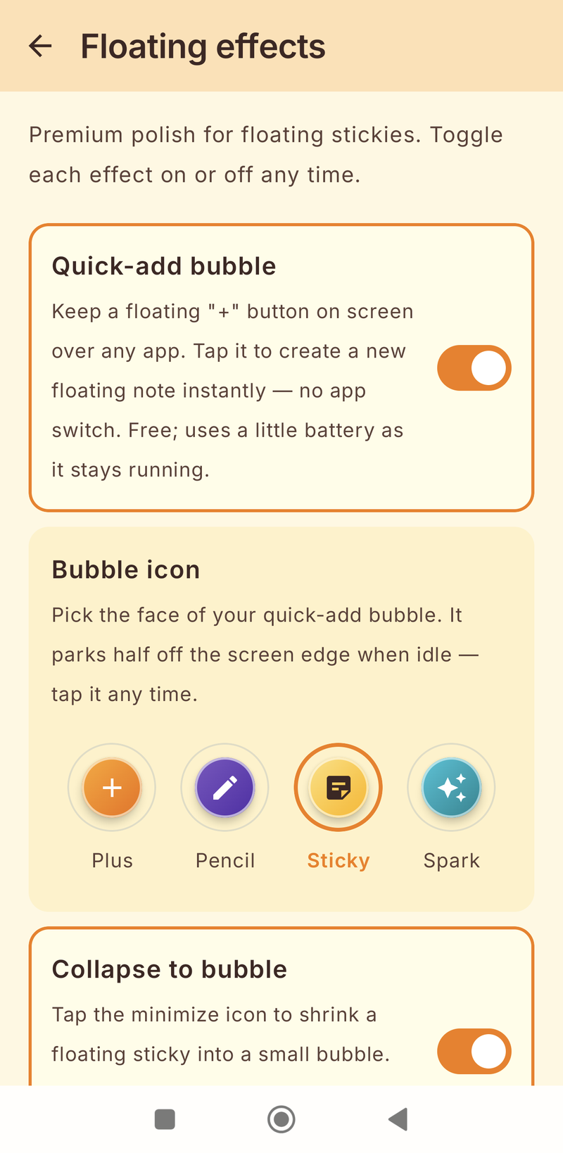 Floating effects settings showing the quick-add bubble toggle and four bubble icon styles