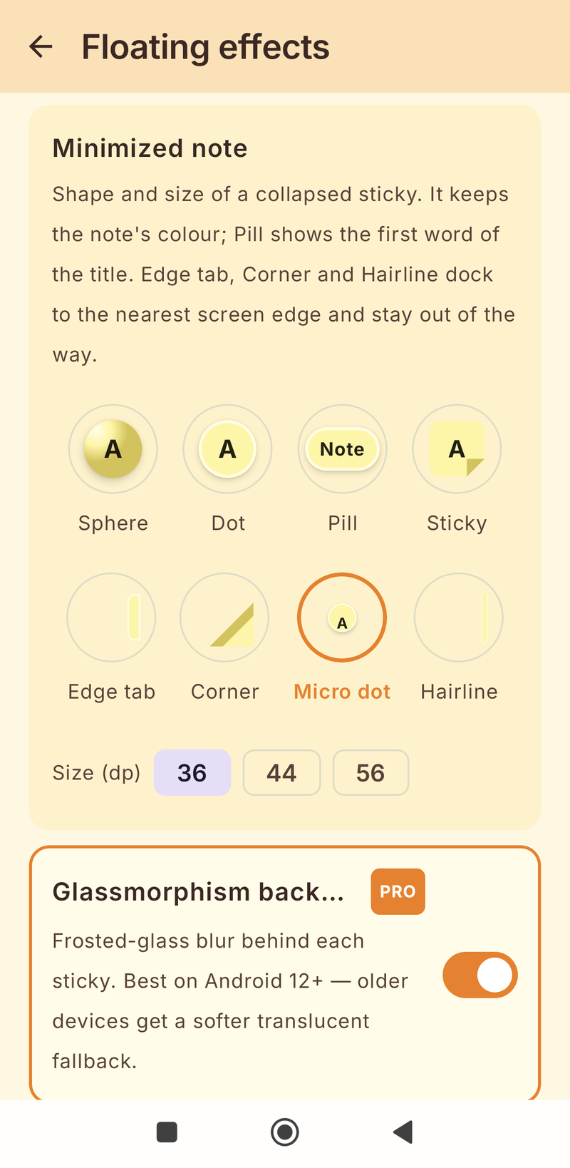 Minimized note shape picker with 8 shapes and 3 sizes