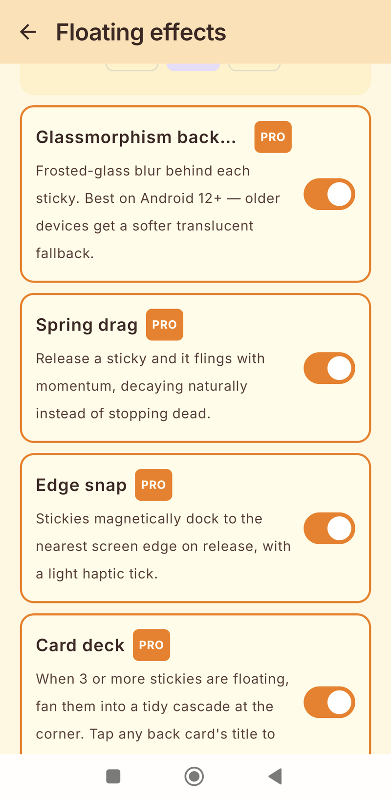 Floating effects settings with Glassmorphism, Spring drag, Edge snap and Card deck toggles