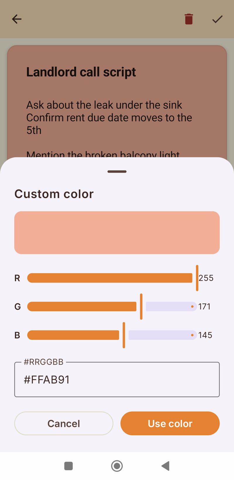 Custom colour sheet with RGB sliders and a hex field