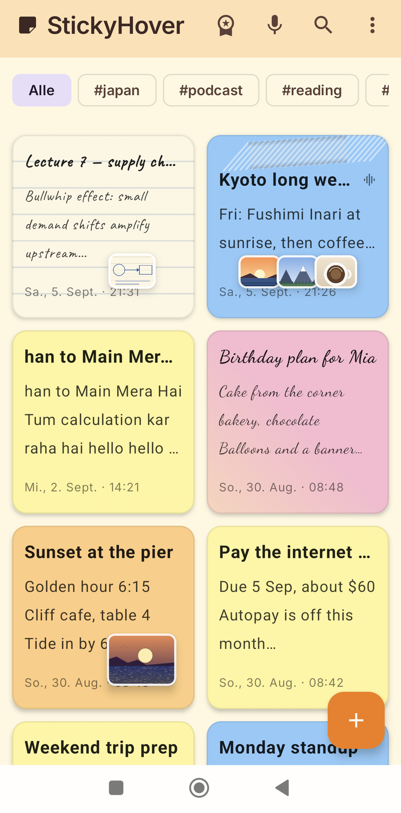 StickyHover home screen in German with German date stamps