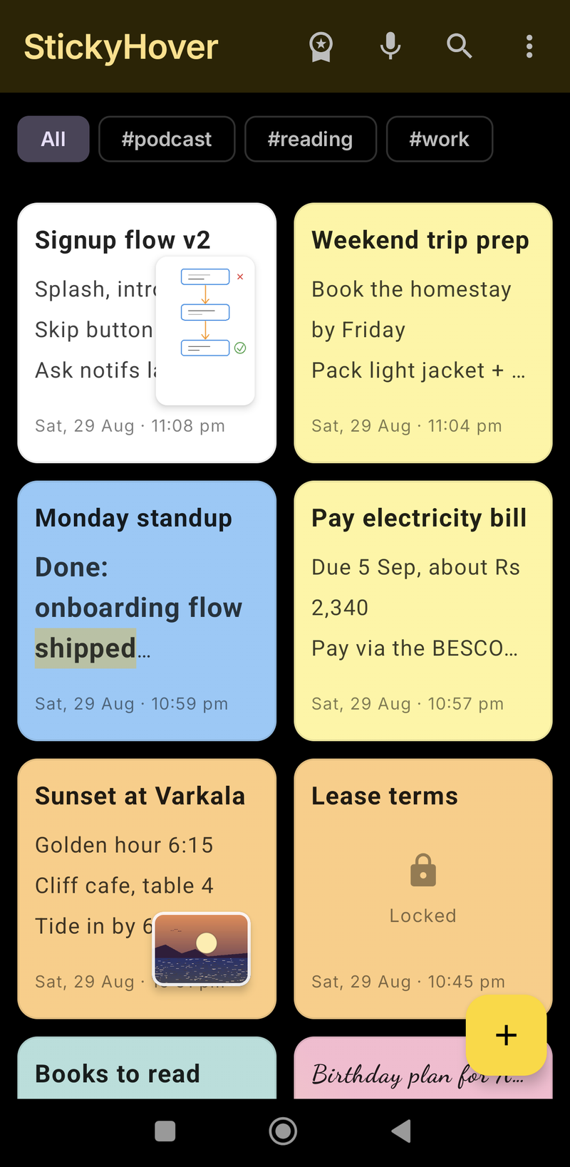The notes grid in the Midnight theme on OLED black
