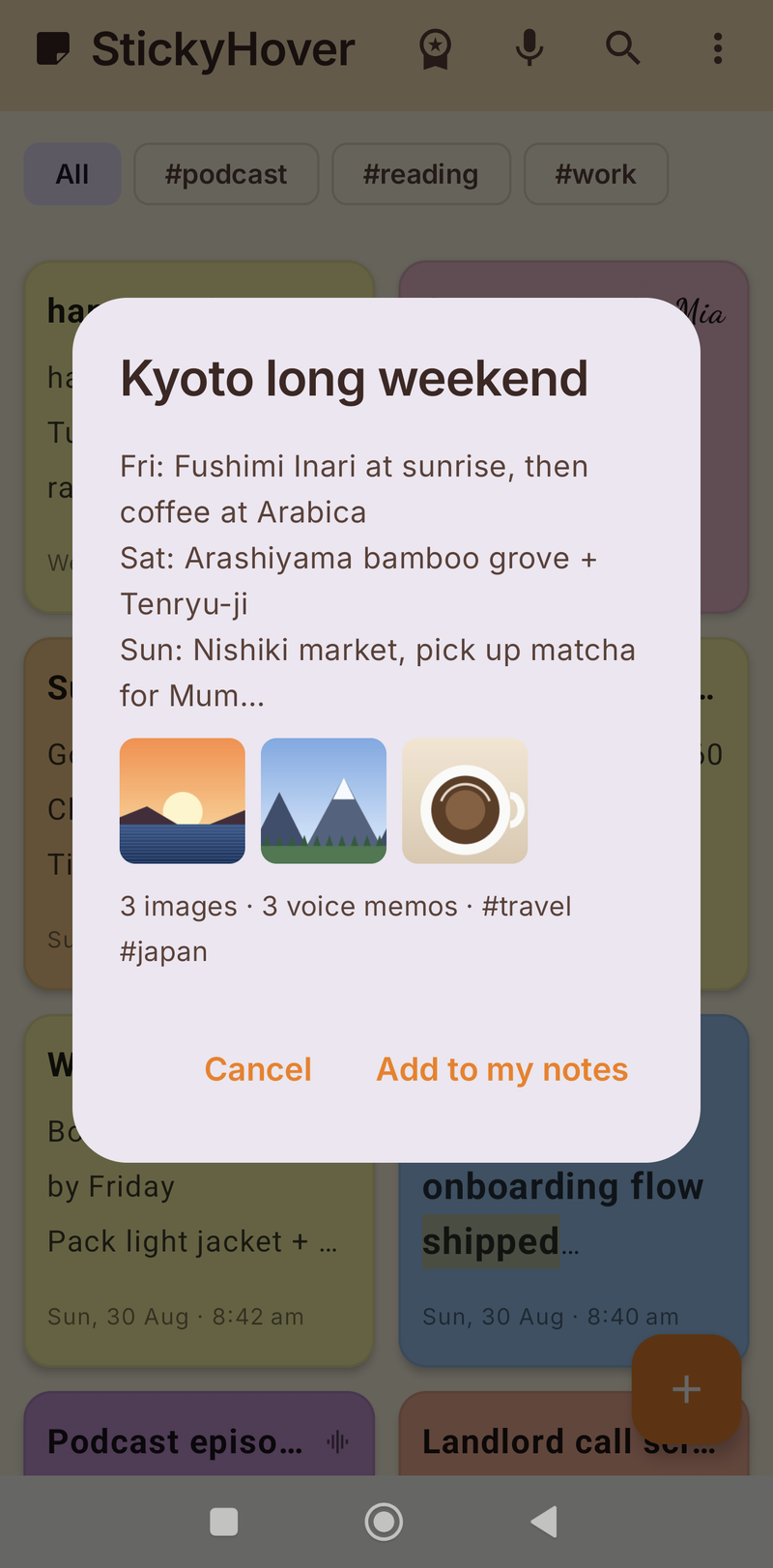 Import preview sheet for a received note showing its title, text, three photo thumbnails, 3 images, 3 voice memos, tags and an Add to my notes button