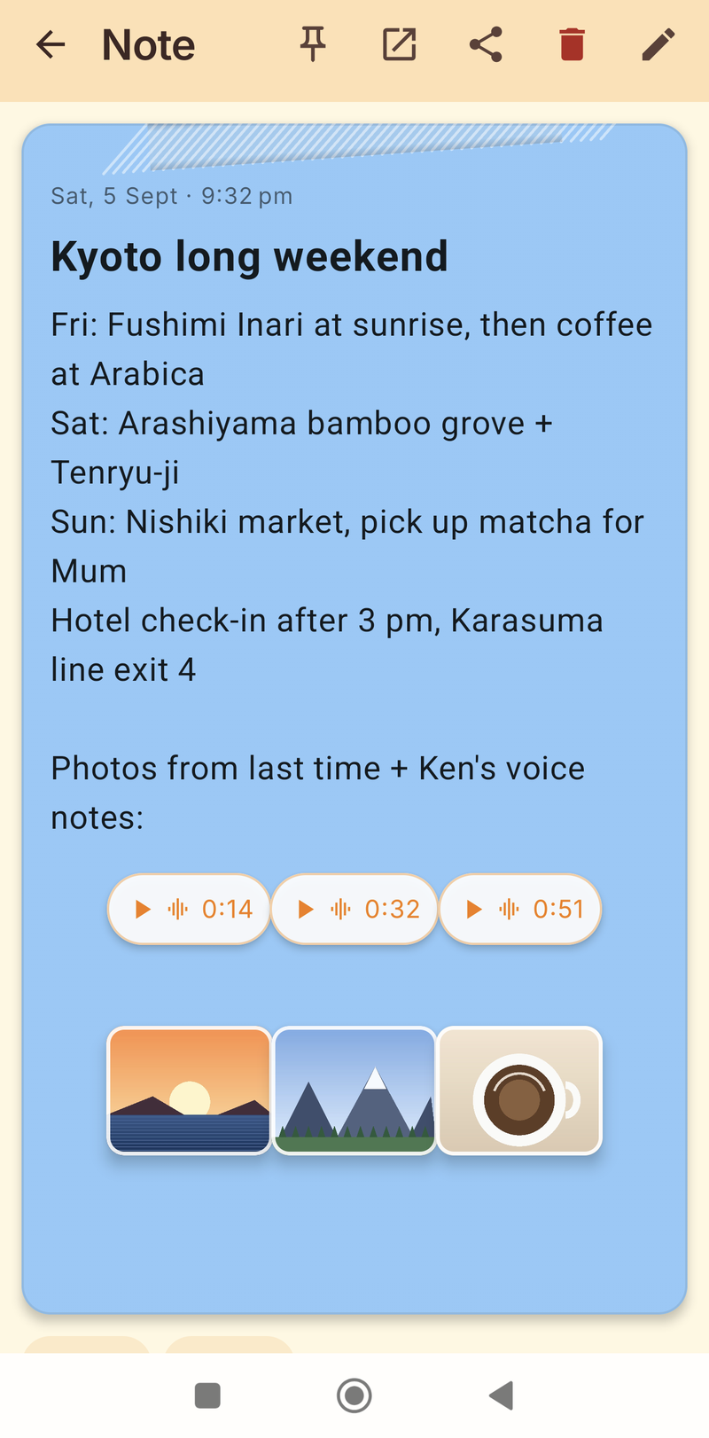 Blue trip note with three voice memo pills and three photo stickers laid out along the bottom