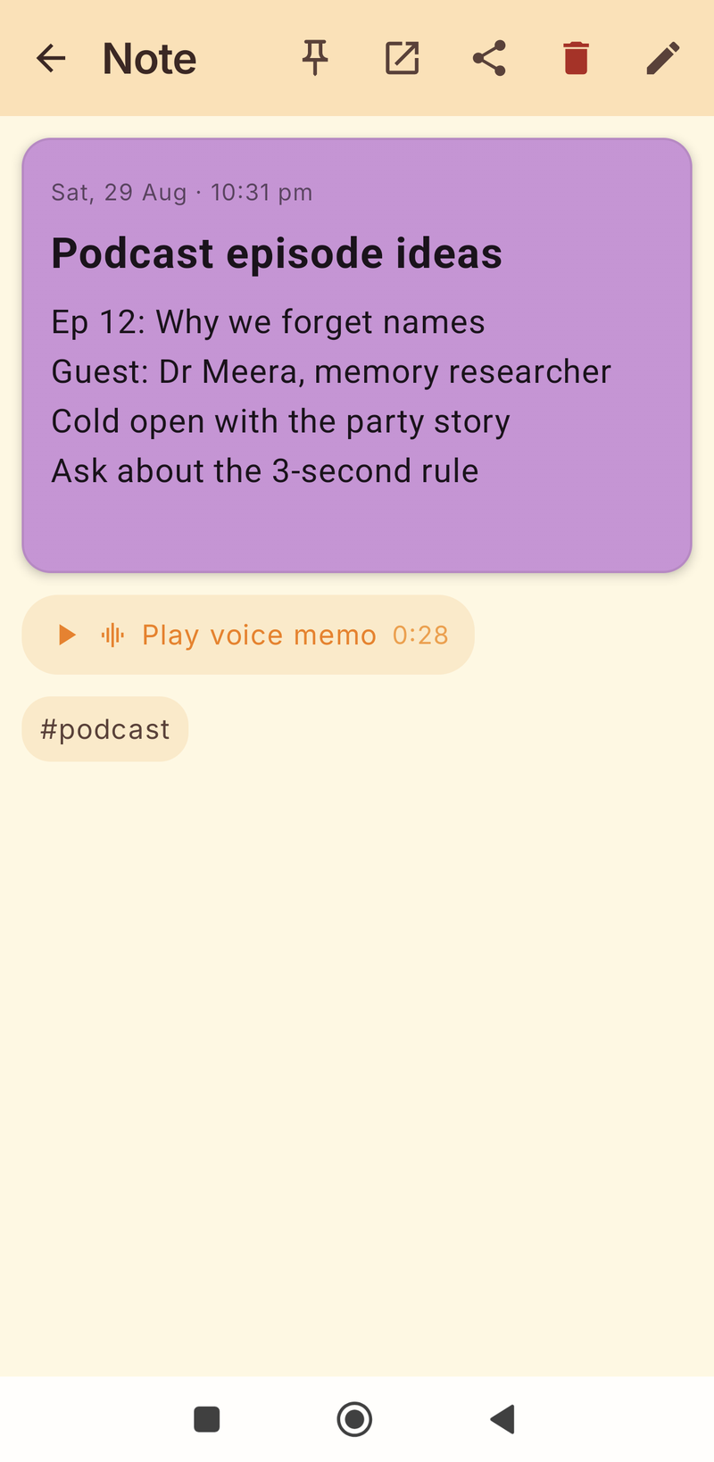 Purple podcast note with a Play voice memo button showing 0:28