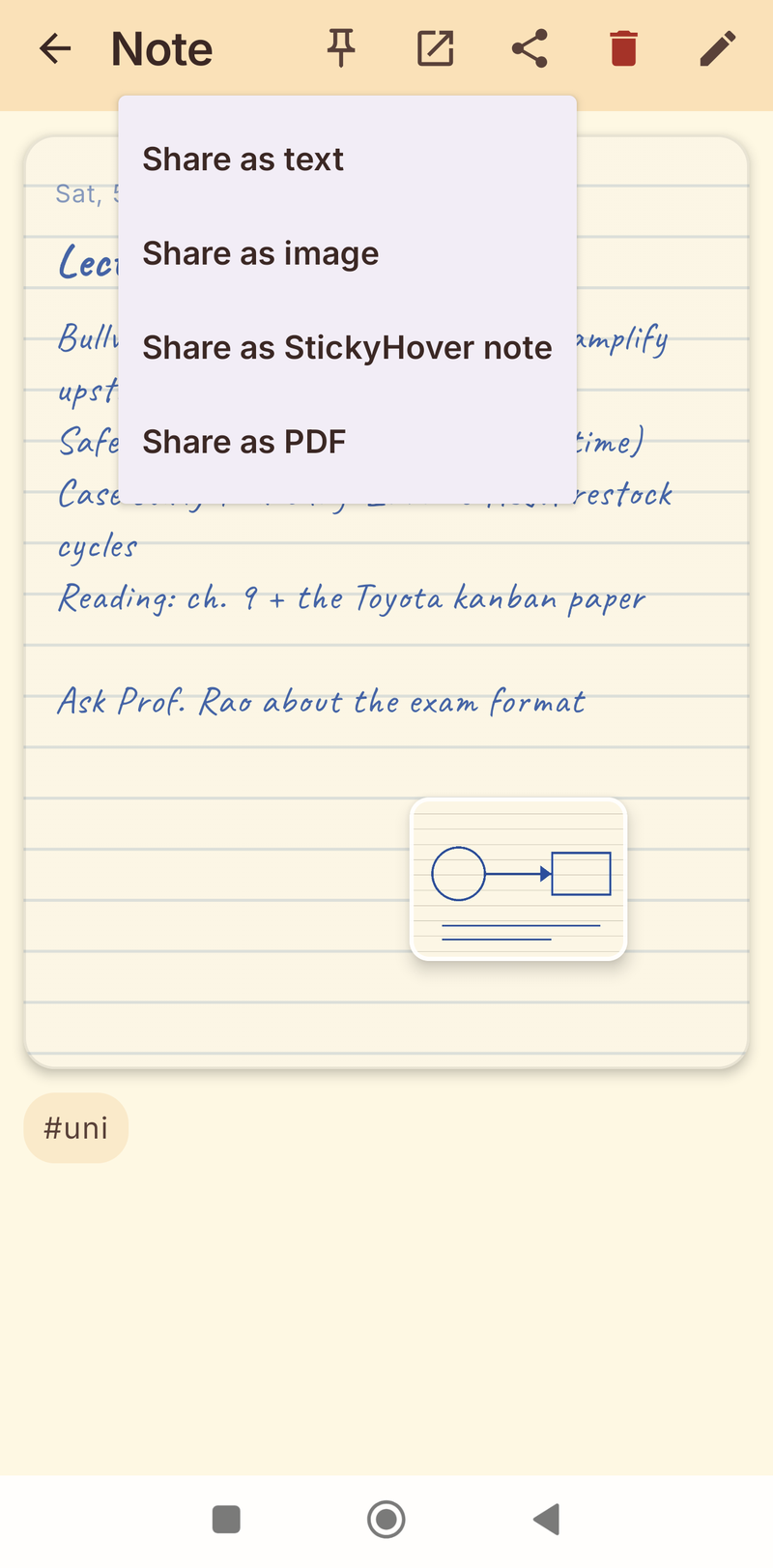 Share menu on a note listing Share as text, Share as image, Share as StickyHover note and Share as PDF