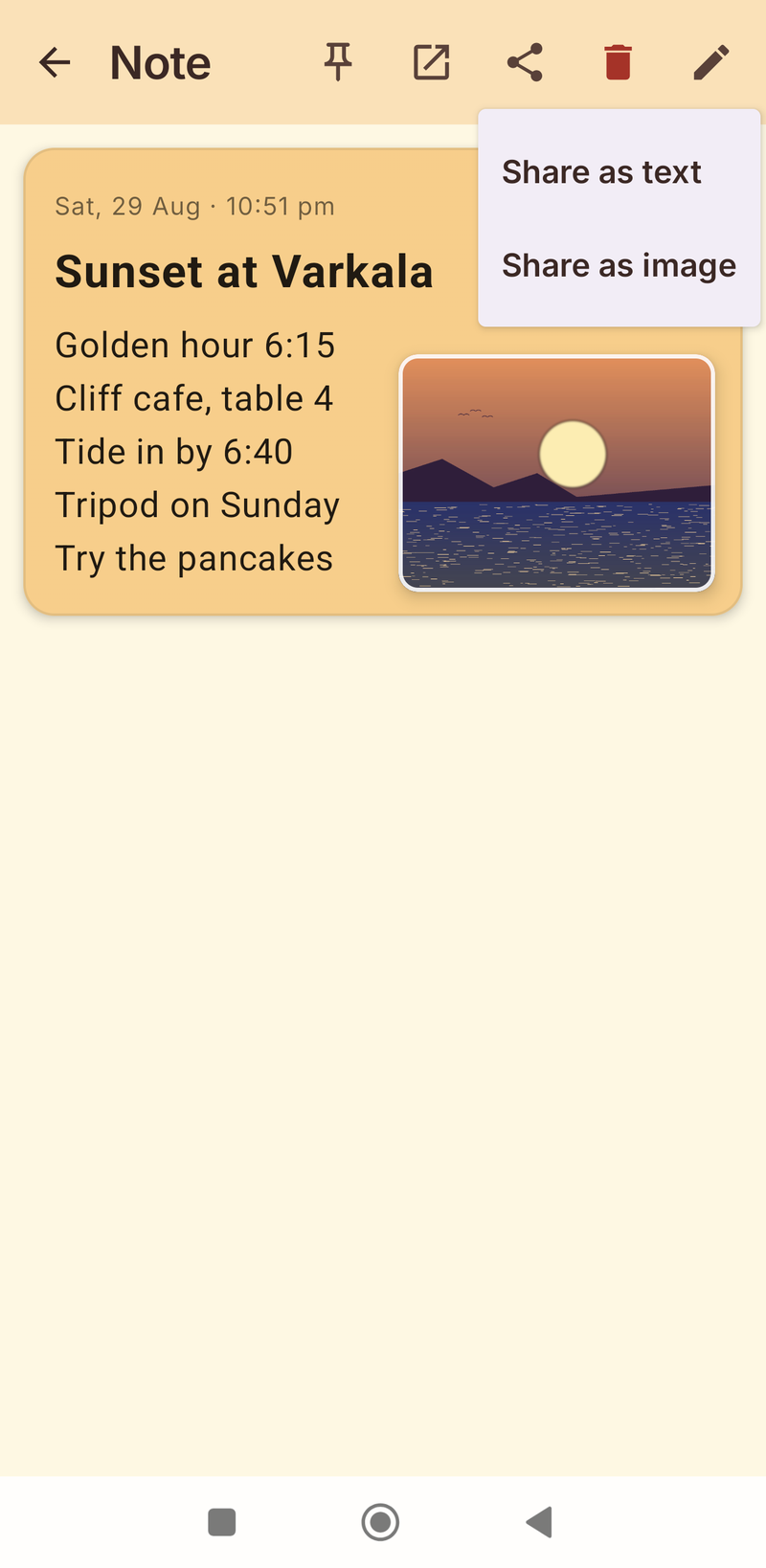Share menu on a note offering Share as text or Share as image