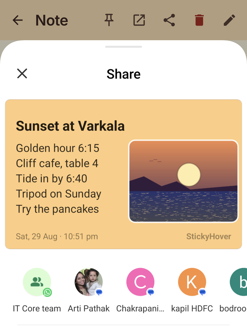 Android share sheet previewing the note rendered as an orange image card with the photo