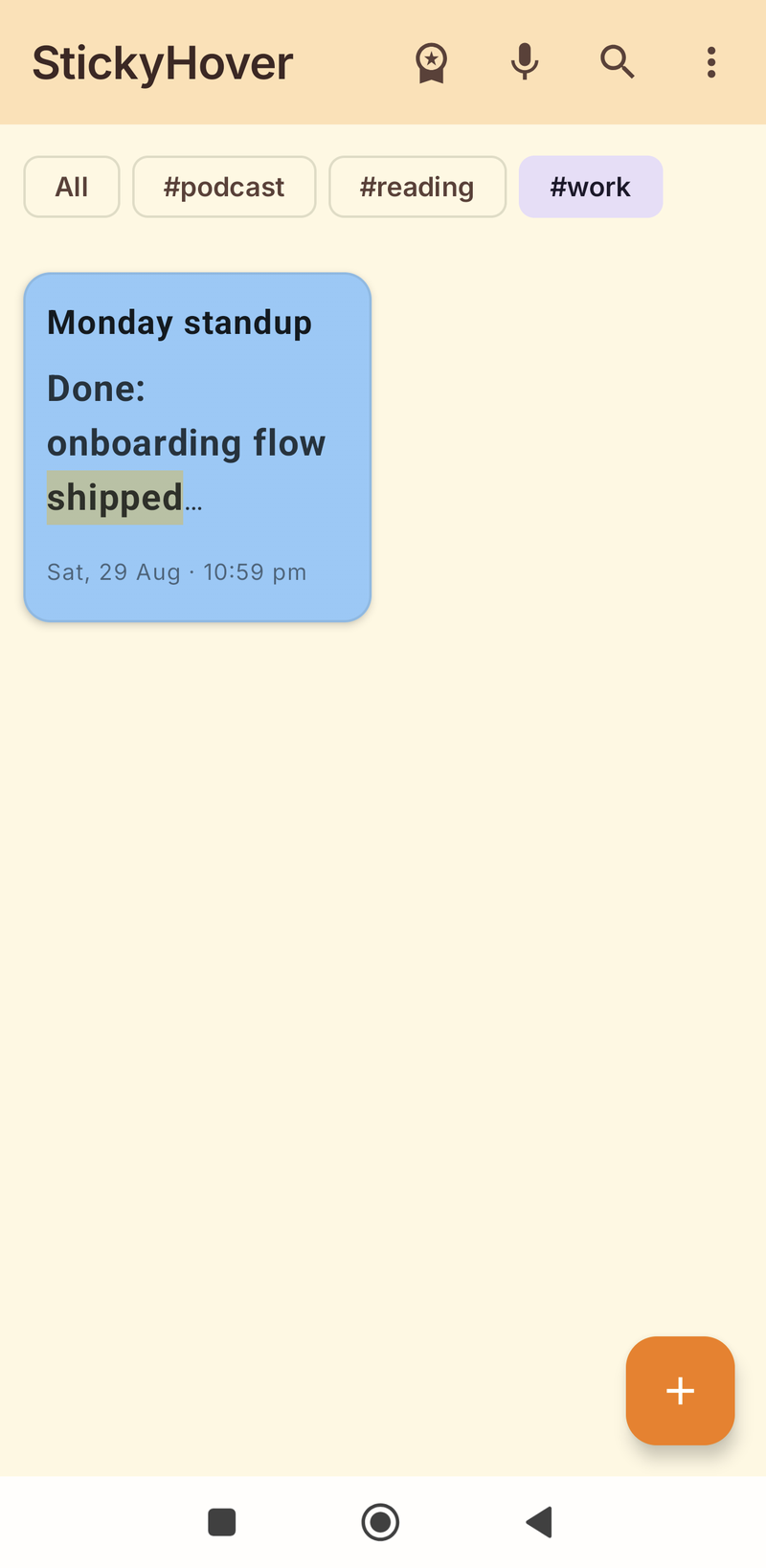Board filtered by the #work tag showing one note