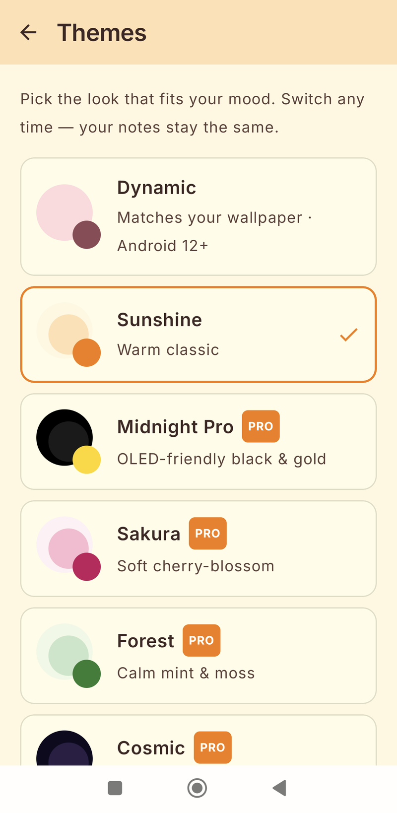 Theme picker with Dynamic, Sunshine, Midnight, Sakura, Forest and Cosmic